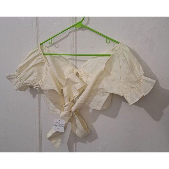 Monday Beachwear Womens Medium Ivory Cropped ACAPULCO TOP 100% LINEN WRAP TIE - Picture 2 of 8